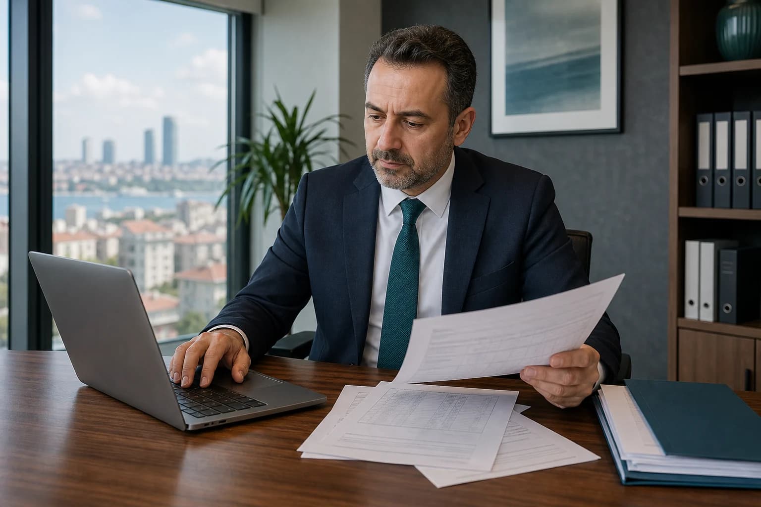 İstanbul'daki ofisinde e-Defter kayıtlarını inceleyen mali müşavir